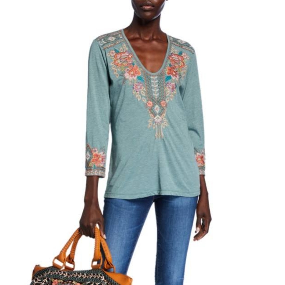 Johnny Was Maeve V-neck Embroidered Top